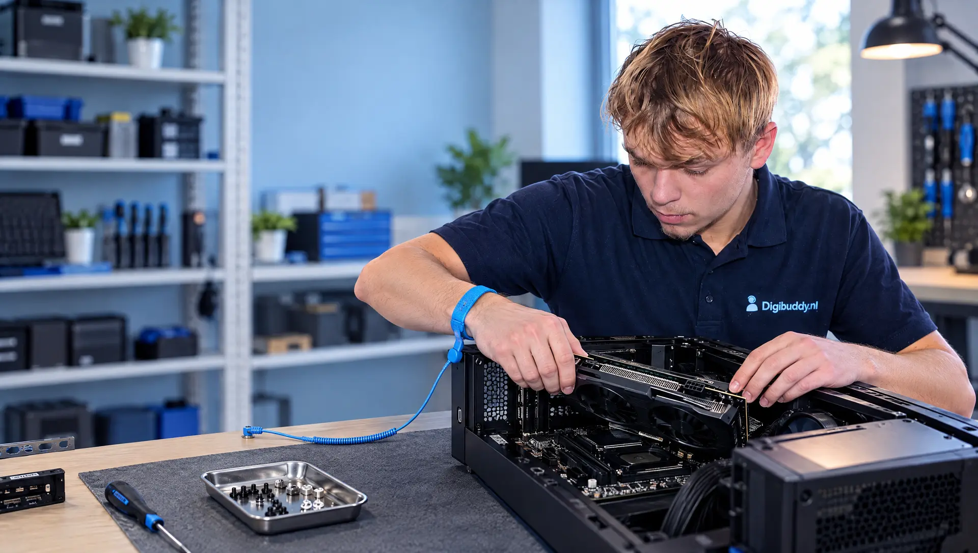 Digibuddy-technicus repareert een desktop-pc