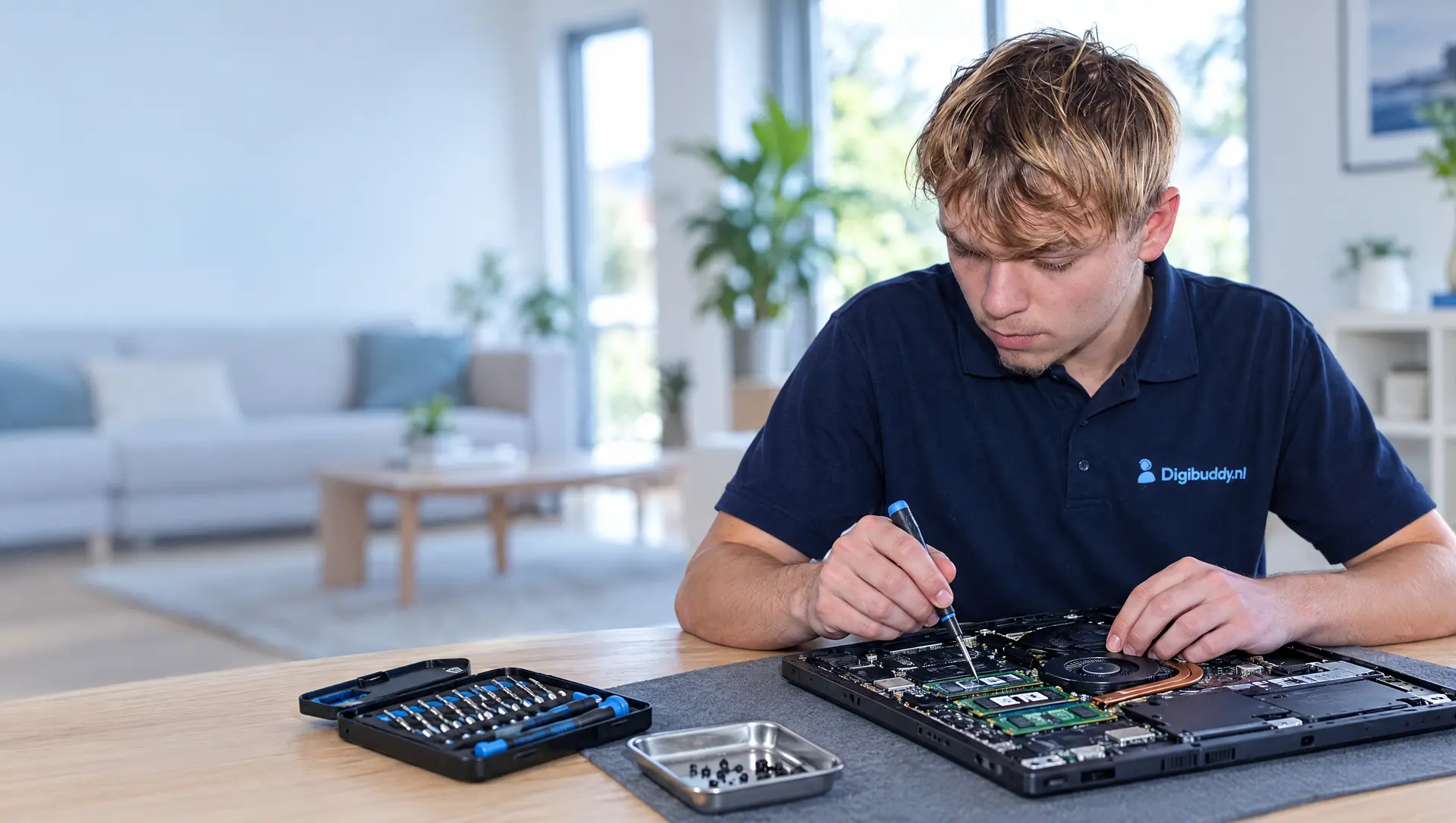 Digibuddy-technicus repareert een laptop