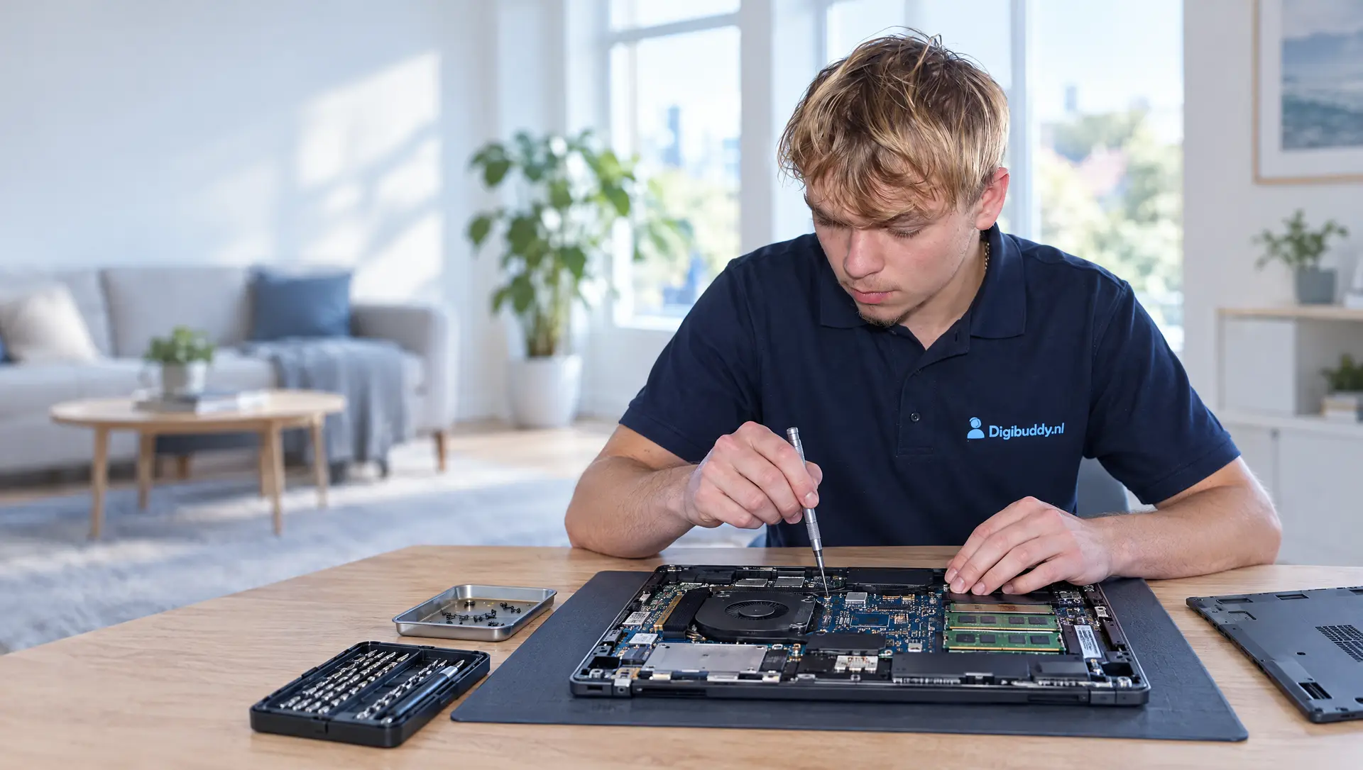 Digibuddy-technicus repareert een laptop