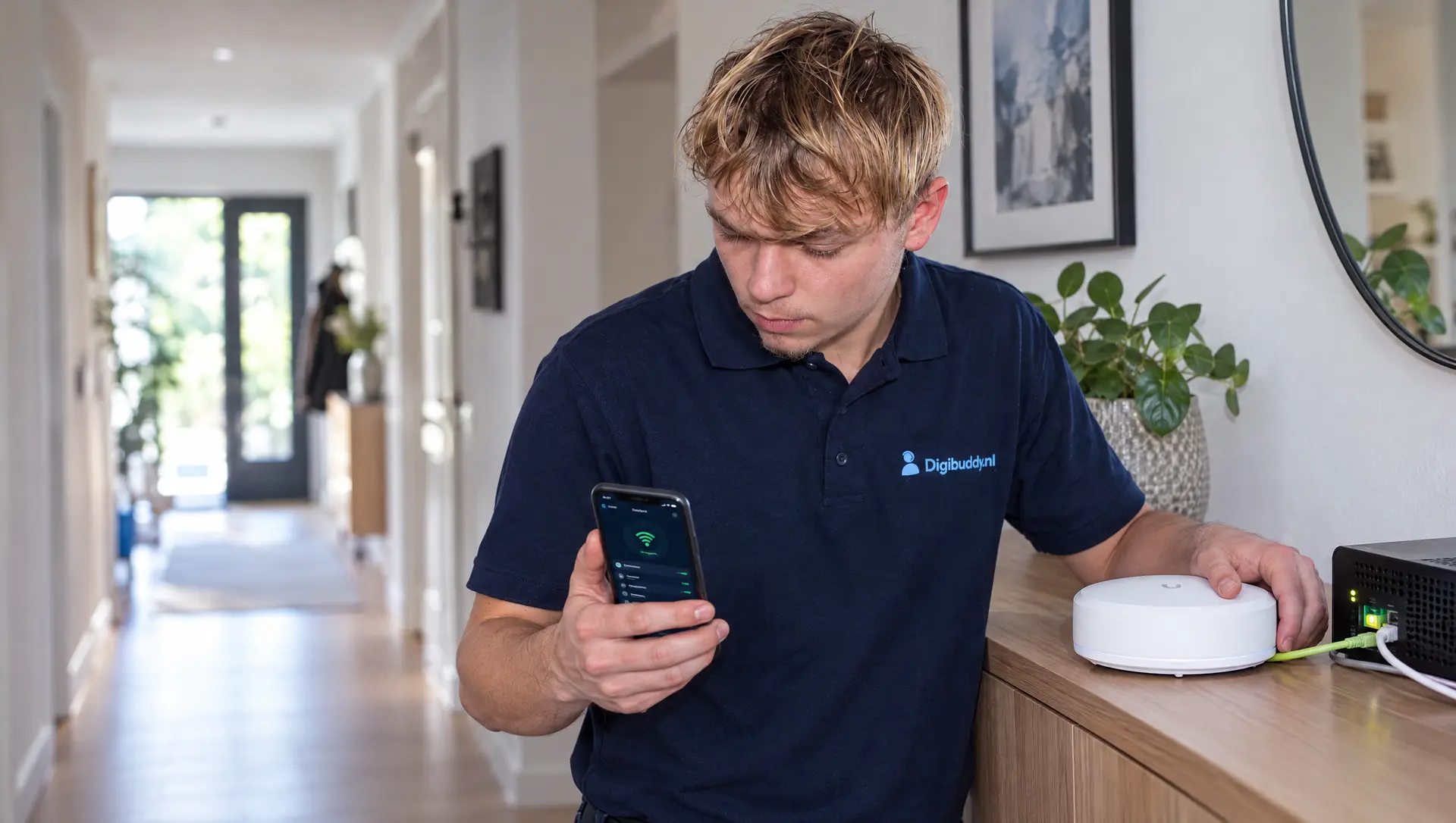 Digibuddy-technicus installeert wifi bij een klant thuis